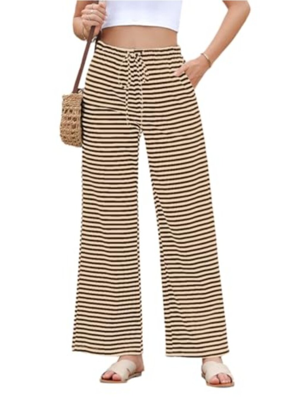EVALESS Wide Leg Striped Pants Ribbed Knit Drawstring Elastic Waist Loose Fit